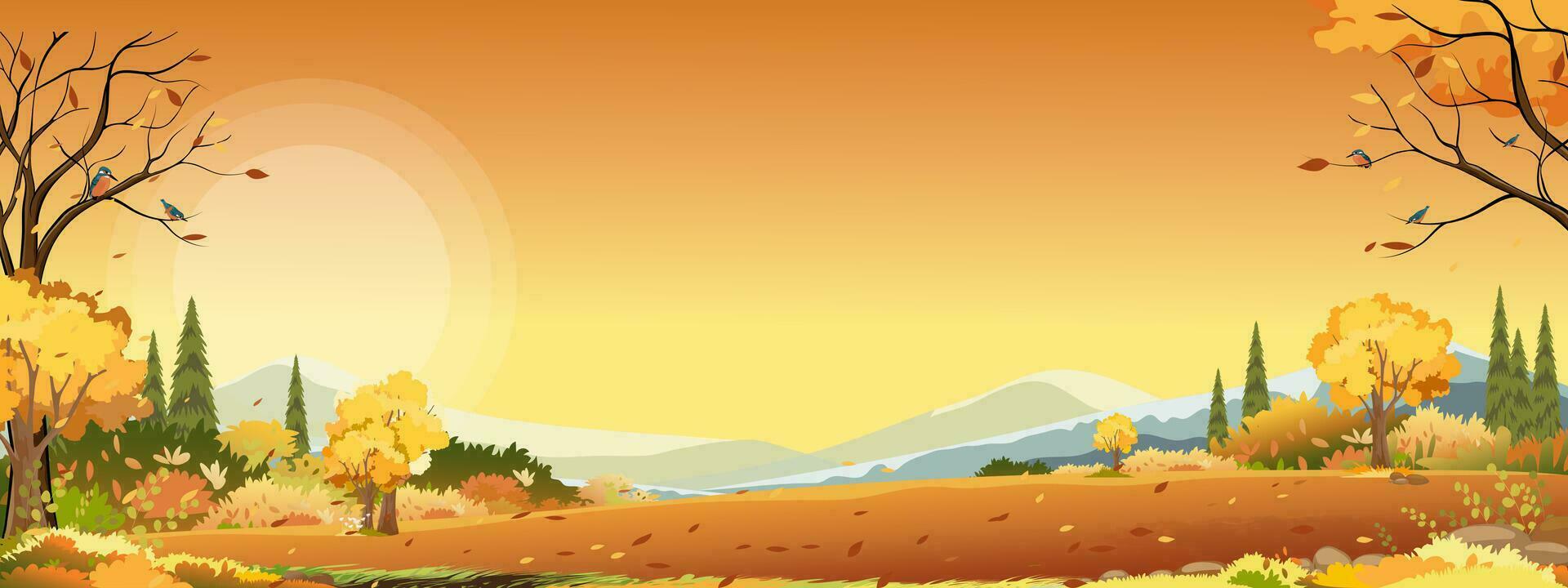 l'automne panorama paysage ferme champ avec Orange ciel, magnifique le coucher du soleil dans l'automne campagne panorama vue avec Jaune feuillage, vecteur dessin animé tomber saison avec copie espace pour bannière Contexte