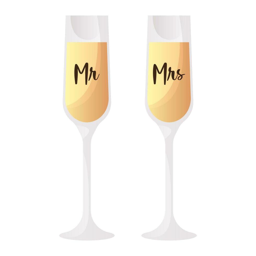 mariage des lunettes de Champagne, prosecco avec Monsieur Mme texte. vacances pétillant vin, de l'alcool produit pour célébration.mariage journée accessoires, décorations.célébrer mariage, enregistrer le Date cérémonie. vecteur