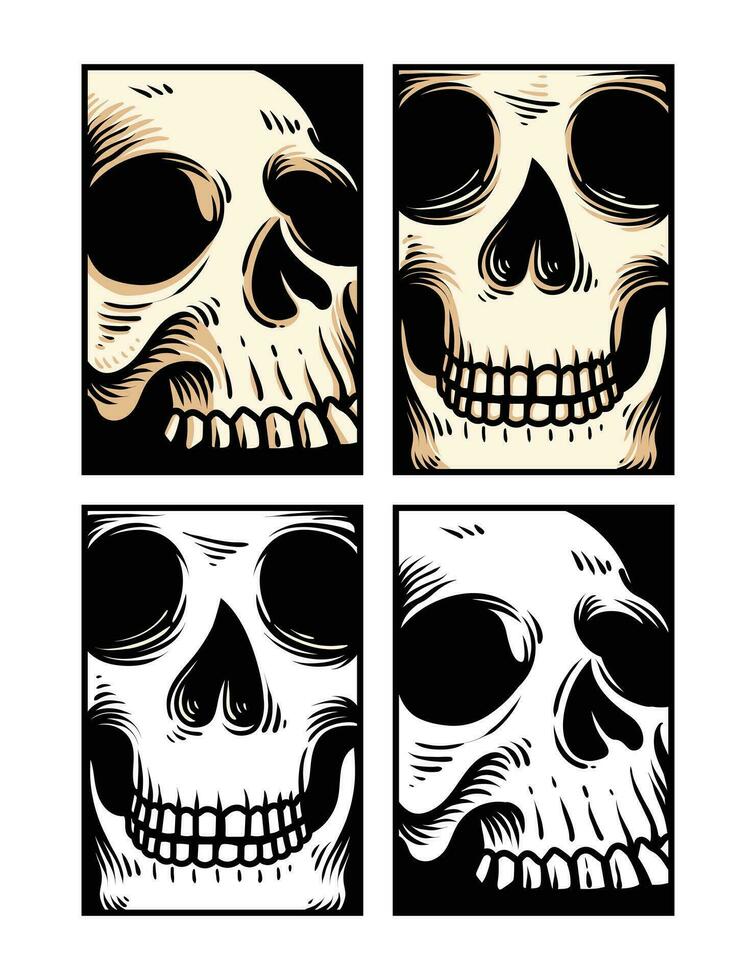 main tiré crâne diriger, gravure crâne, conception crâne ensemble, collection crâne diriger, noir et blanc illustration vecteur