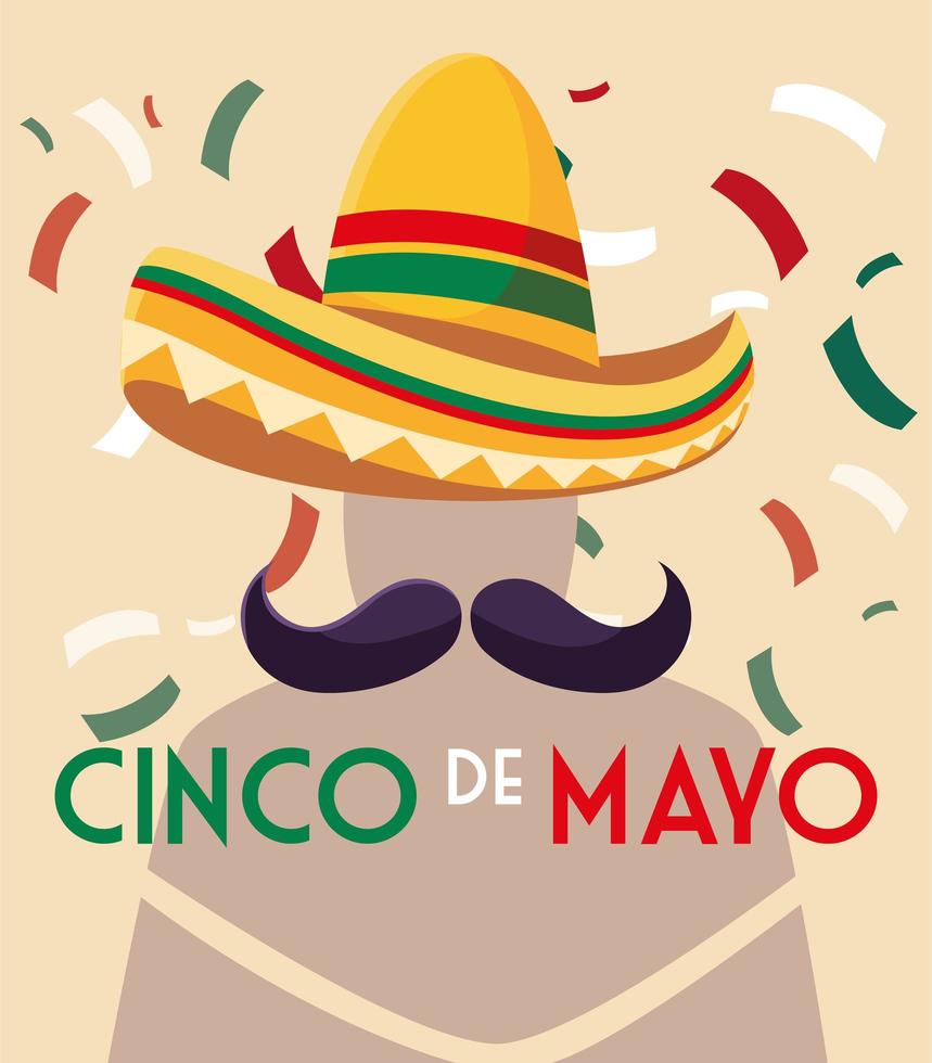 chapeau mexicain et moustache avec étiquette cinco de mayo vecteur