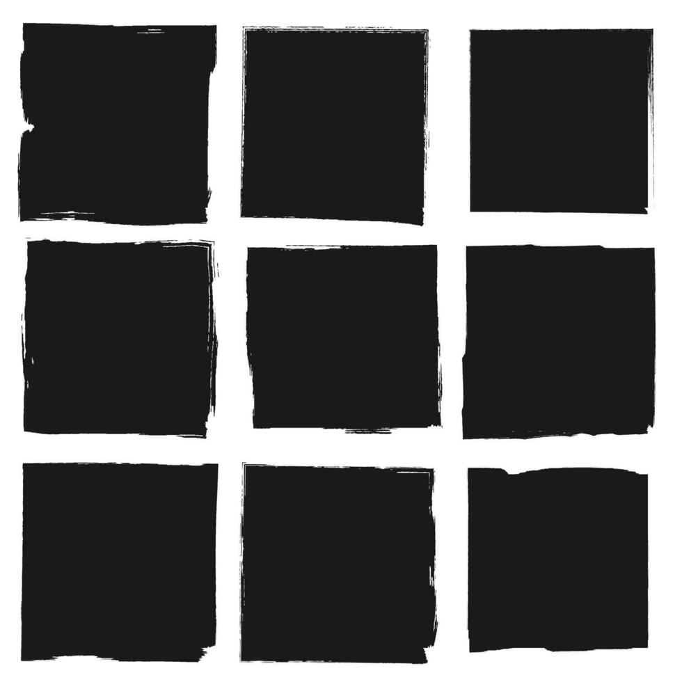 ensemble de vecteur carré grunge noir autocollants isolé sur blanc Contexte. une groupe de Étiquettes avec inégal rugueux bords tiré avec un encre brosse. vecteur conception éléments, 9 carré cadres