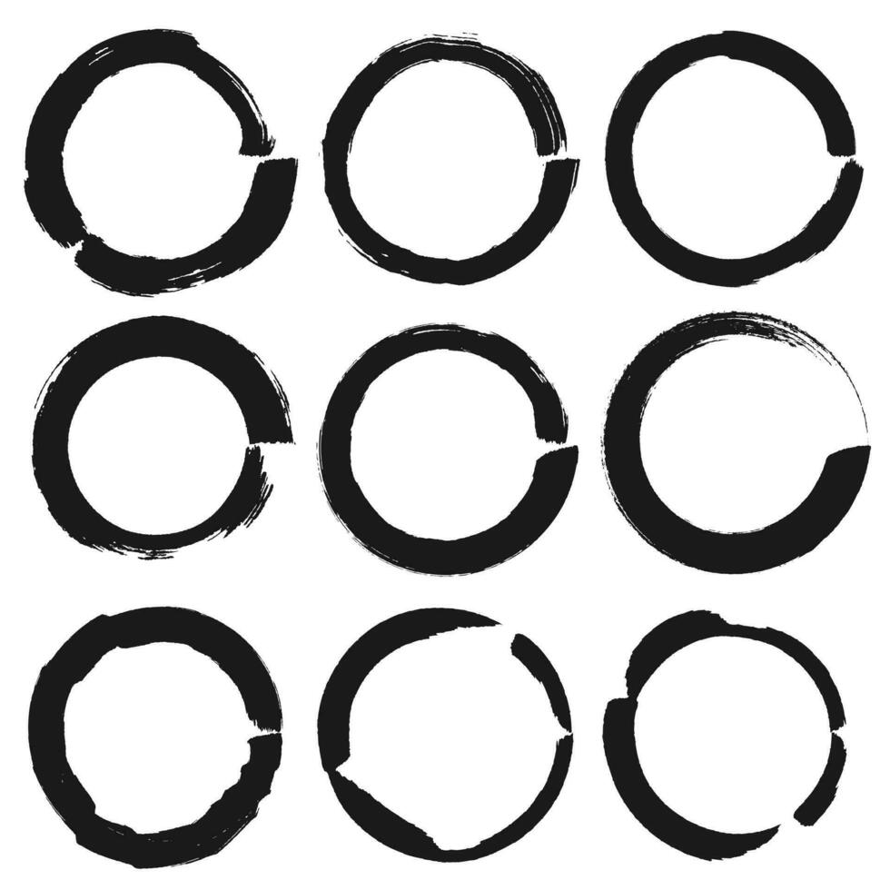 ensemble de vecteur cercles grunge noir autocollants isolé sur blanc Contexte. une groupe de Étiquettes avec inégal rugueux bords tiré avec un encre brosse. vecteur conception éléments, 9 cercle cadres. grunge arrière-plans