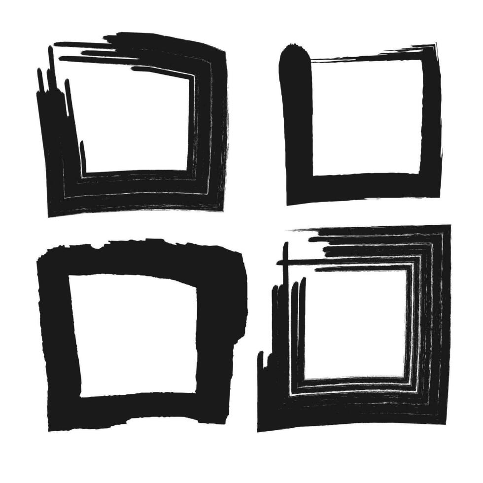 ensemble de vecteur carré grunge noir autocollants isolé sur blanc Contexte. une groupe de Étiquettes avec inégal rugueux bords tiré avec un encre brosse. vecteur conception éléments, 4 carré cadres