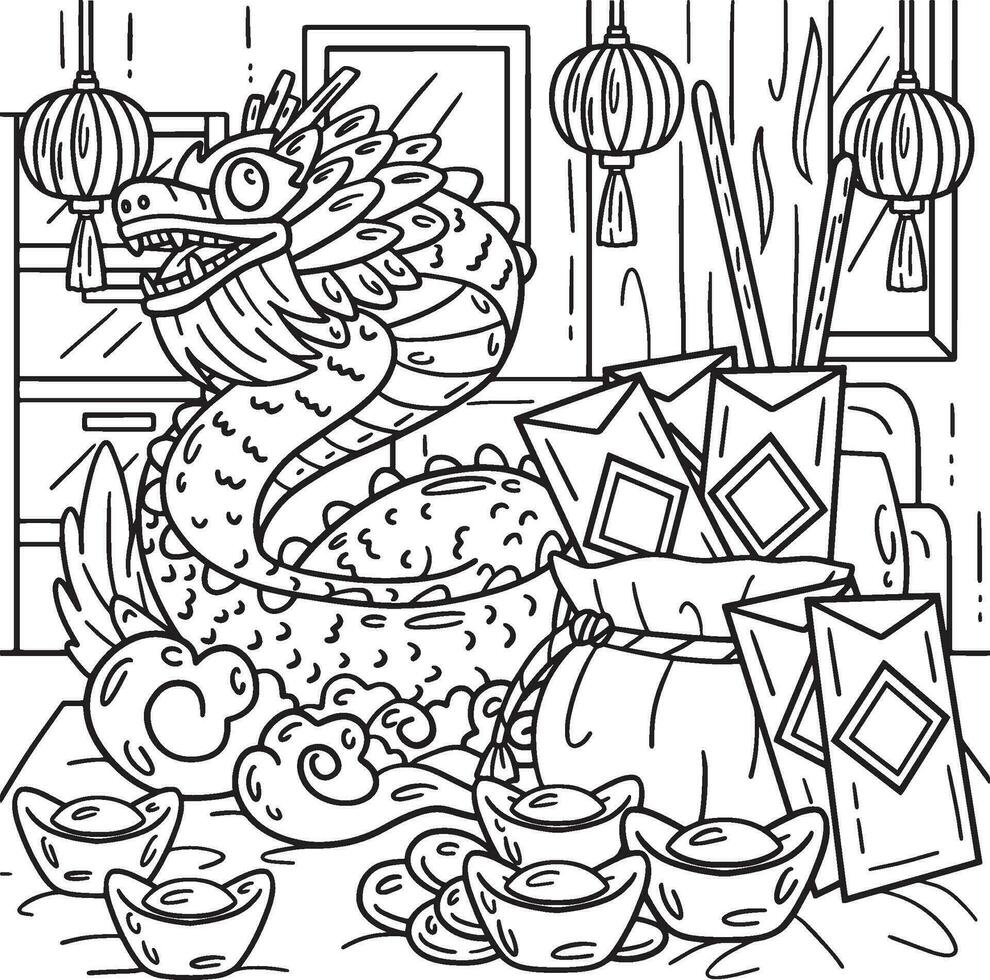 année de le dragon statue et Angpao des gamins coloration vecteur