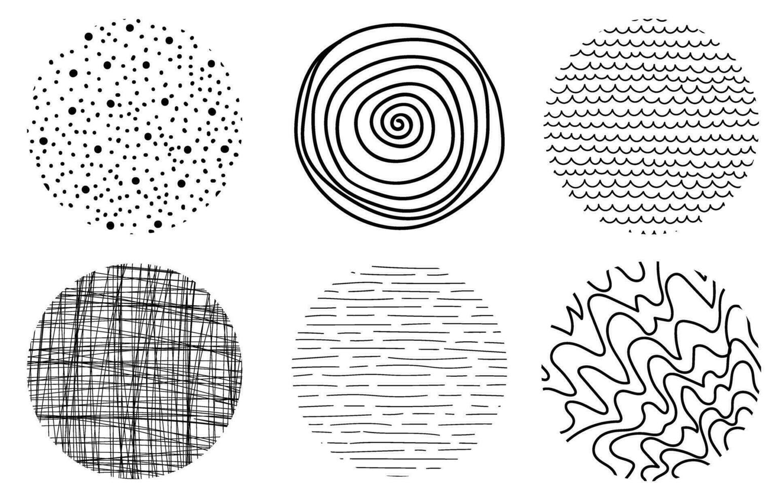 ensemble de abstrait texturé cercles. main tiré griffonnage formes. taches, gouttes, courbes, lignes. contemporain branché conception éléments pour affiches, bannières, social médias modèles. vecteur