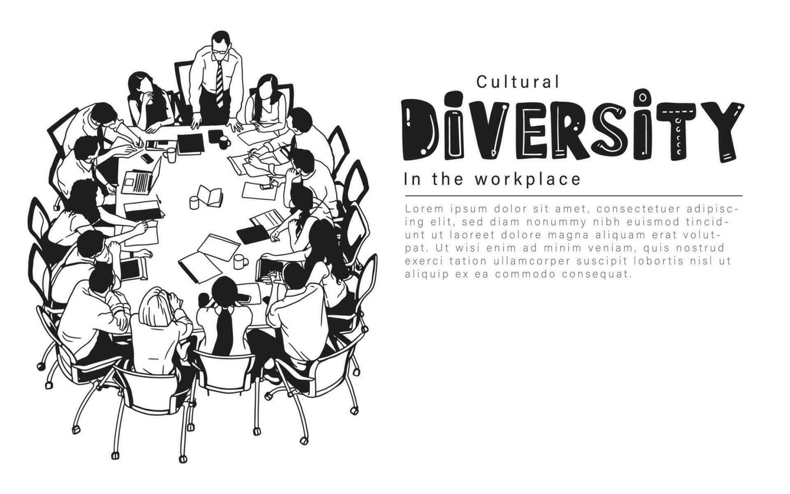 culturel la diversité dans le travail lieu, noir et blanc vecteur main tiré illustration