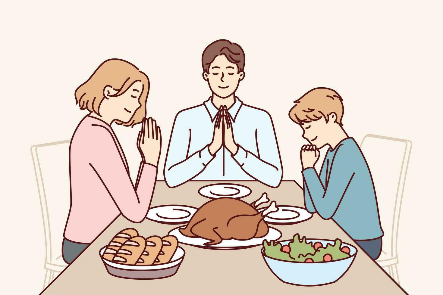 famille prière avant dîner, séance à table avec délicieux nourriture et remercier Dieu pour bien-être. content religieux homme et femme ensemble avec fils dire prière, observer catholique rituel. vecteur