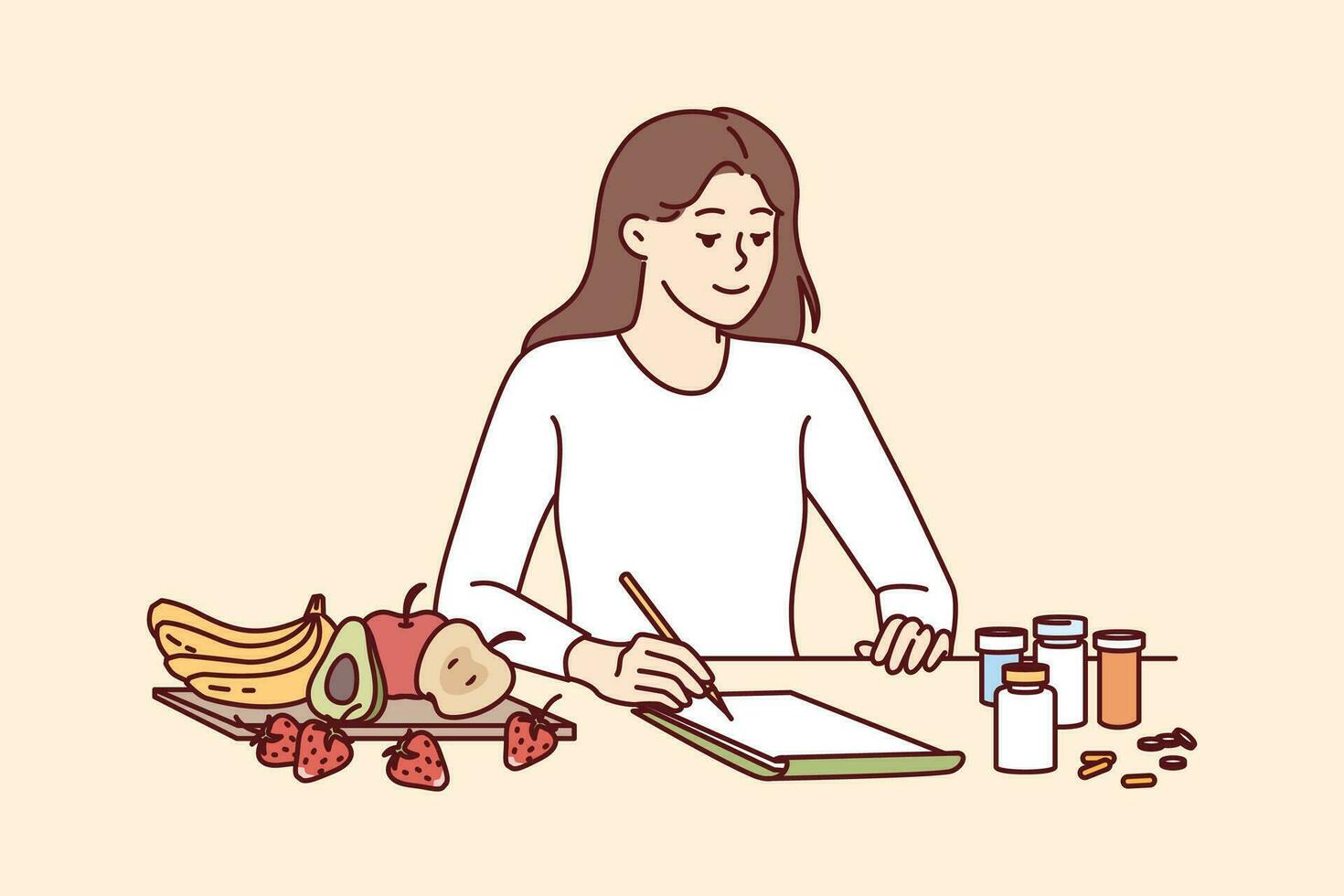 femme nutritionniste fait du régime plan pour client séance à table avec des fruits et pilules. fille nutritionniste vient en haut avec recette pour alternative nutrition remplacer utilisation de pharmacologie vecteur