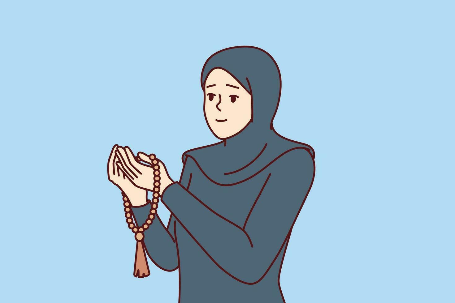 musulman prier femme est habillé dans islamique Vêtements avec hijab et lit prière, tournant à Allah pour aider. prier fille croire dans Islam croit dans arabe religion et visites mosquée vecteur