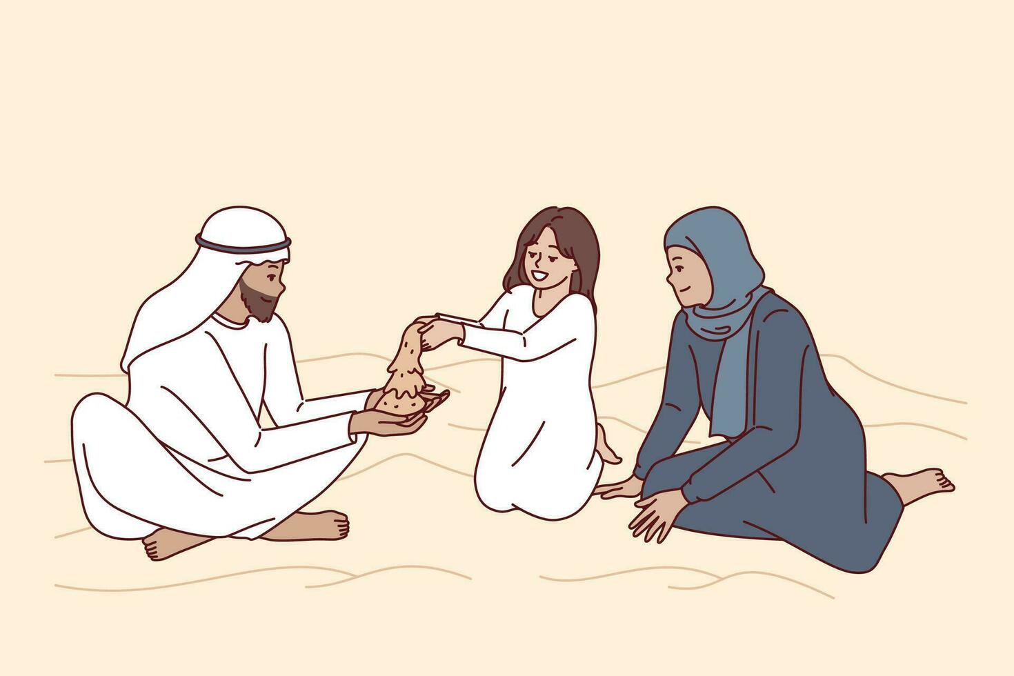 arabe famille est assis dans désert avec dunes, en jouant avec fille avec le sable et profiter mixte fin de semaine. content famille de arabe émirats ou Qatar habillé dans ethnique vêtements, pour concept Oriental culture vecteur