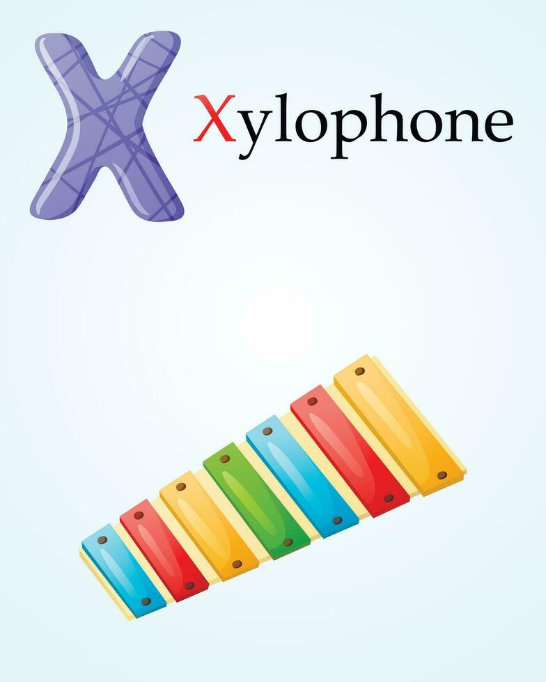 des gamins bannière avec Anglais alphabet lettre X et dessin animé image de les enfants musical jouet xylophone vecteur