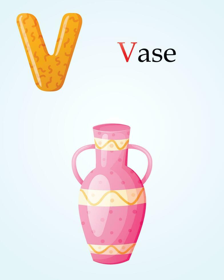 des gamins bannière avec Anglais alphabet lettre v et dessin animé image de porcelaine ou céramique rose décoré vase avec poignées. vecteur