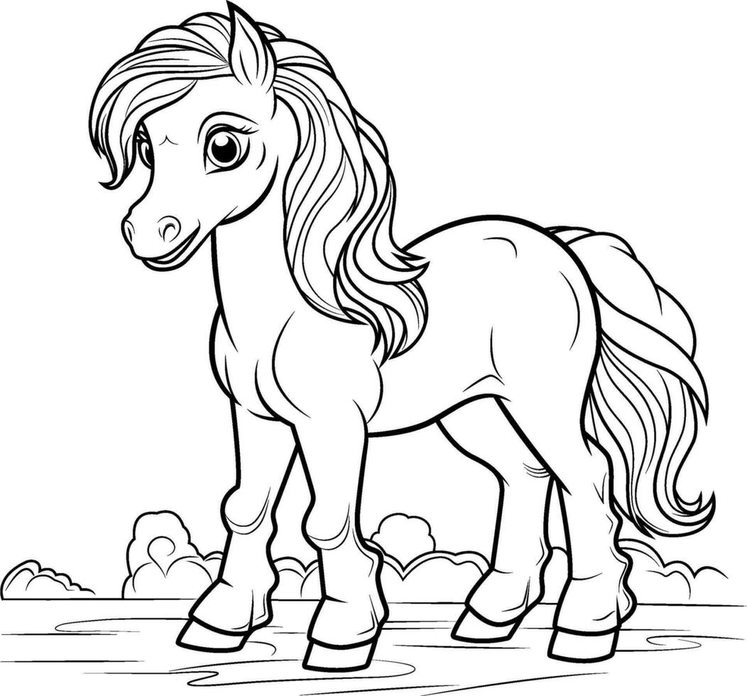 une noir et blanc dessin de une bébé cheval vecteur