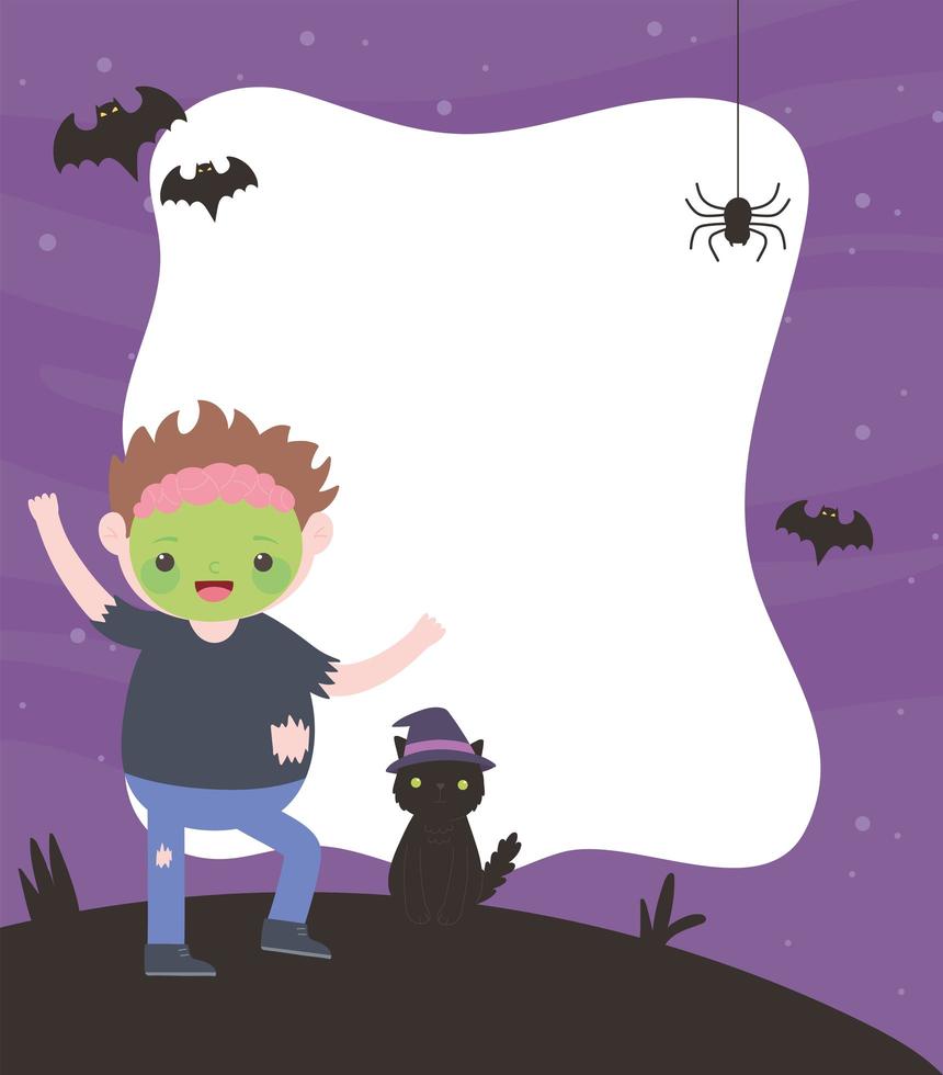 joyeux halloween, zombie boy and cat costume personnage truc ou friandise, célébration de la fête vecteur