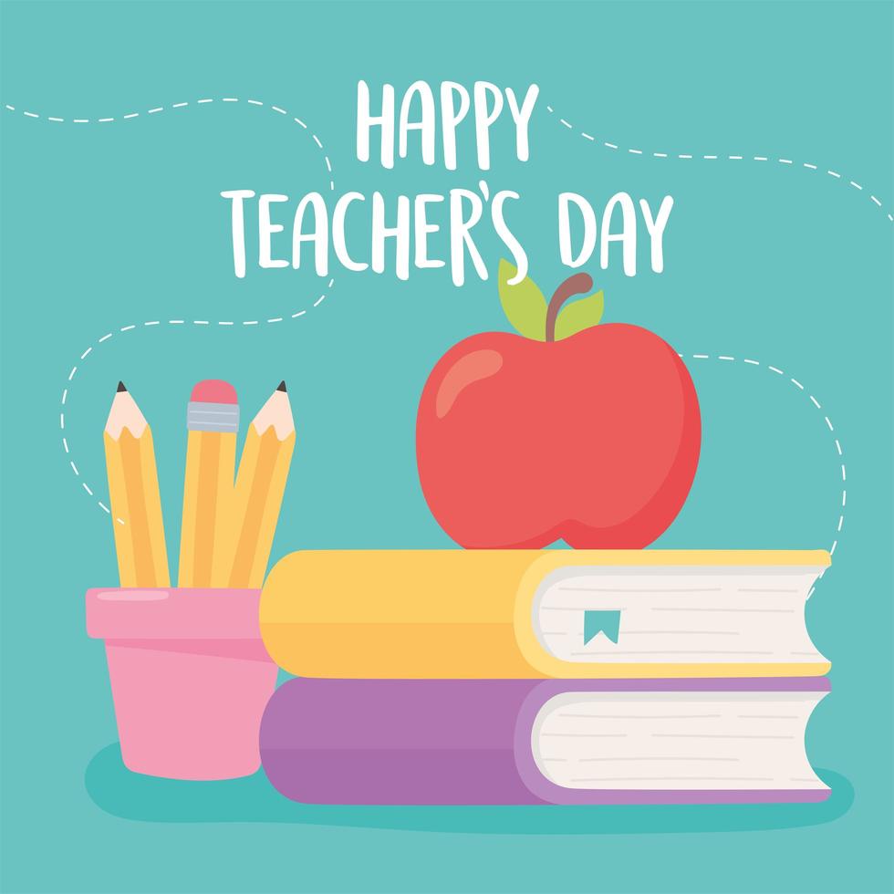 bonne fête des enseignants, pomme sur des livres et des crayons dans une tasse de dessin animé vecteur