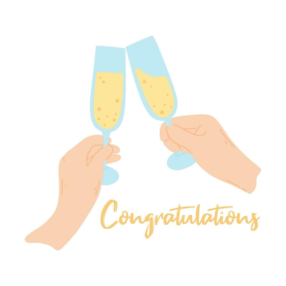 carte postale avec une verre de Champagne dans main. salutation carte toutes nos félicitations avec Champagne pour le Nouveau année, mariage, anniversaire. vecteur
