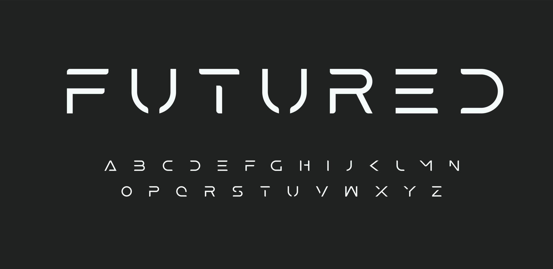 alphabet futuriste de l'espace, police futuriste. lettres de style de ligne minimaliste de science-fiction de pointe pour le logo, le titre, le monogramme, l'affiche, la musique ou la couverture de film. conception typographique future de vecteur