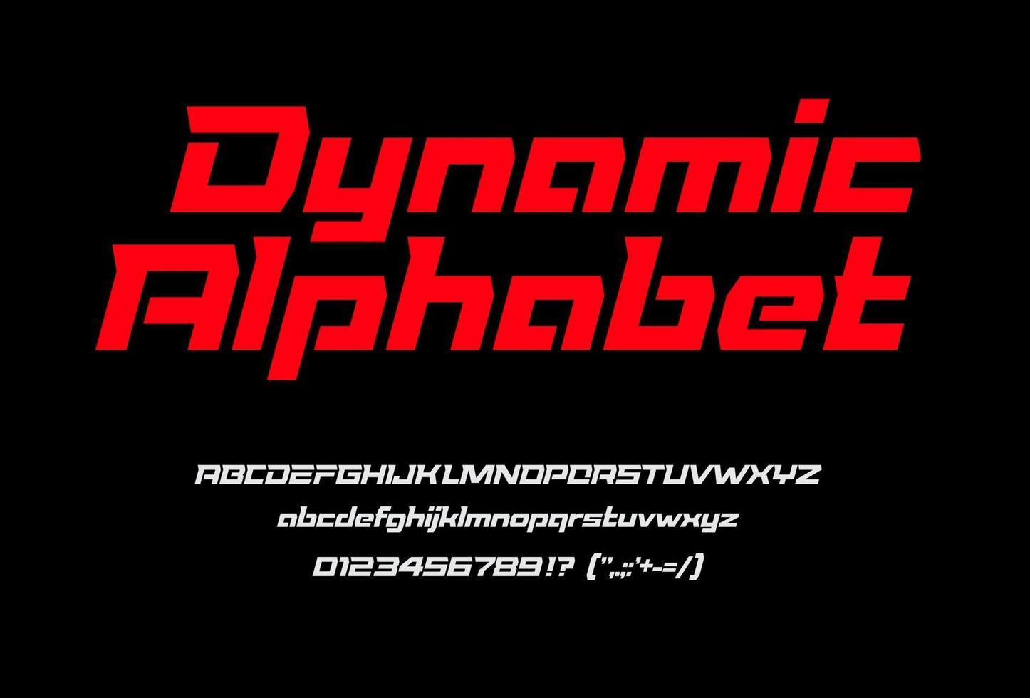 police dynamique de sport rouge avec chiffres et ponctuation, lettres majuscules et minuscules. alphabet géométrique en italique, police large avec découpes et empattements spéciaux. typographie vectorielle moderne sur fond noir vecteur