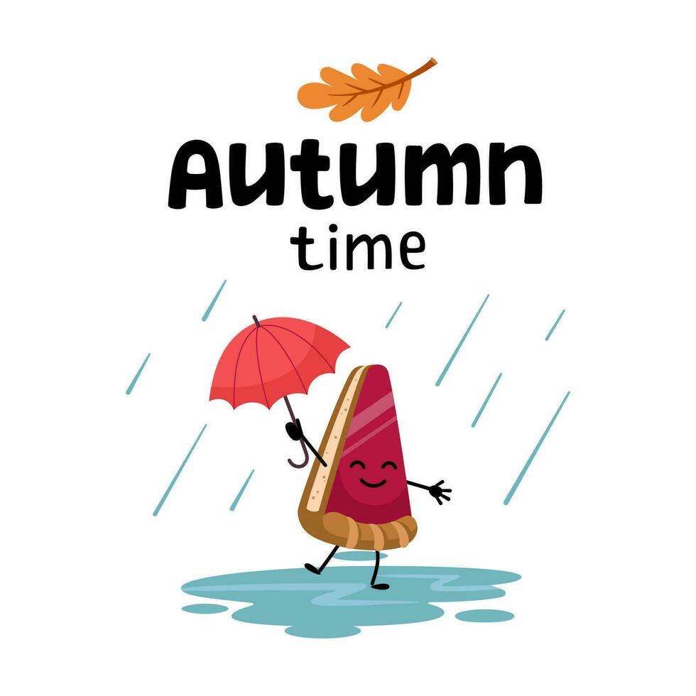 Bonjour l'automne confortable carte postale. l'automne temps caractères. content pièce de tarte avec parapluie sauter par flaques d'eau dans le pluie. dessin animé illustration, griffonnage style. vecteur