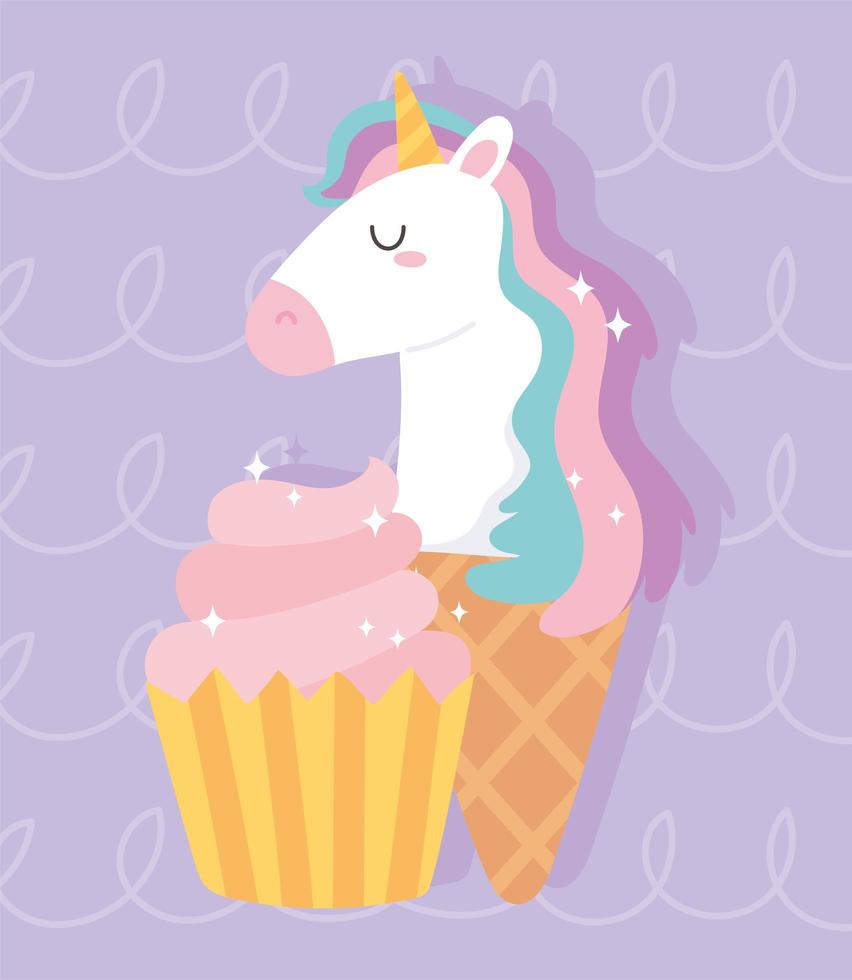 mignon tête de crème glacée magique licorne et dessin animé fantastique de cupcake vecteur