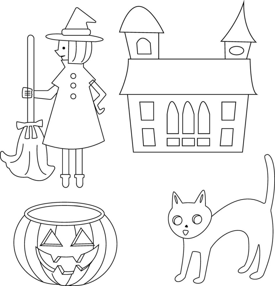 contour Halloween clipart ensemble contient une fantôme, sorcière chapeau, chat , lune, loger, grave, et citrouille vecteur