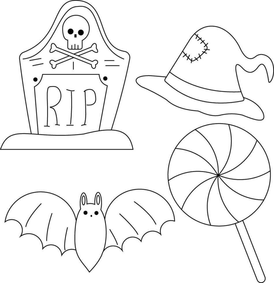 contour Halloween clipart ensemble contient une fantôme, sorcière chapeau, chat , lune, loger, grave, et citrouille vecteur