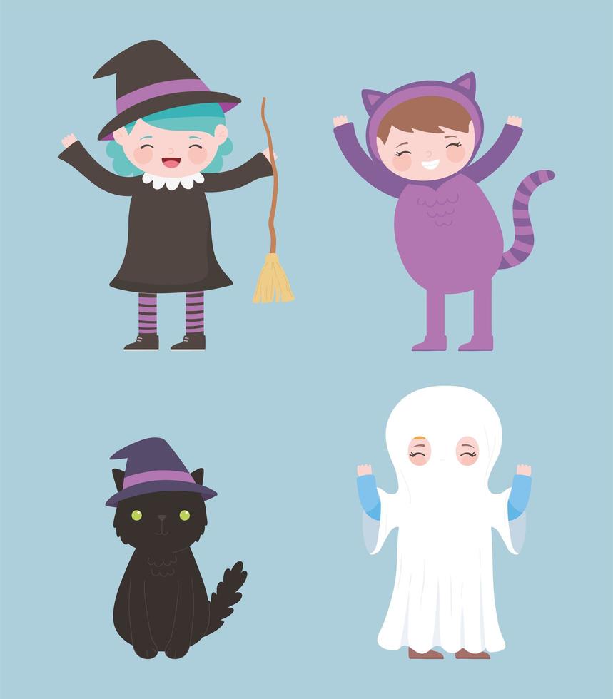 joyeux halloween, personnages de costumes filles sorcière chat et fantôme truc ou friandise, célébration de la fête vecteur