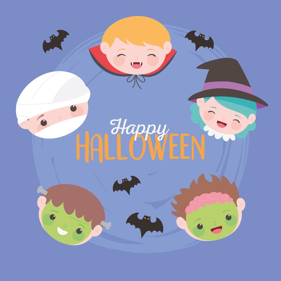 joyeux halloween, personnages de costumes visages d'enfants, des bonbons ou un sort, célébration de la fête vecteur