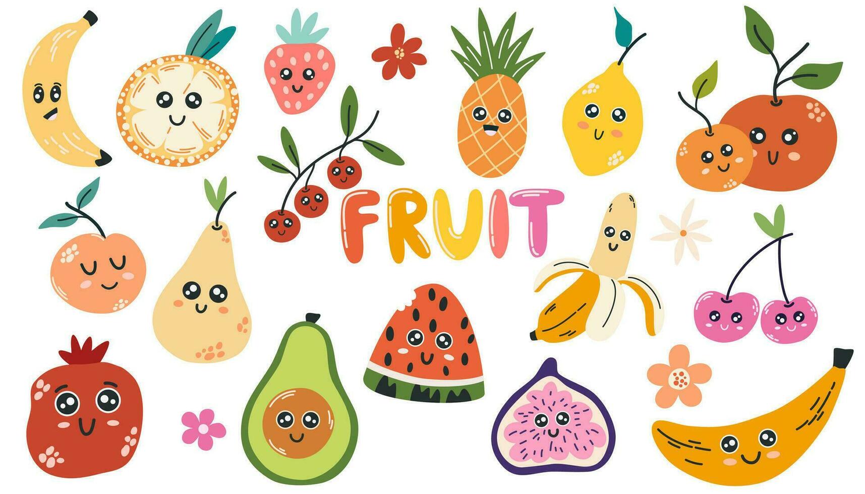 des fruits personnages collection. banane, poire, citron, orange, figue, Grenade, avocat, fraise, les pêches, baies avec mignonne visages. sucré été. vecteur des illustrations pour enfants.