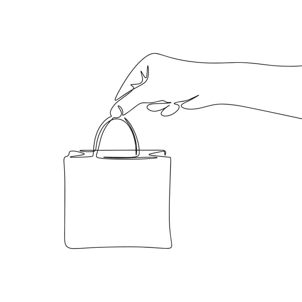 main avec magasin sac. un ligne continu concept affaires bannière. ligne art, contour, silhouette, vecteur illustration.