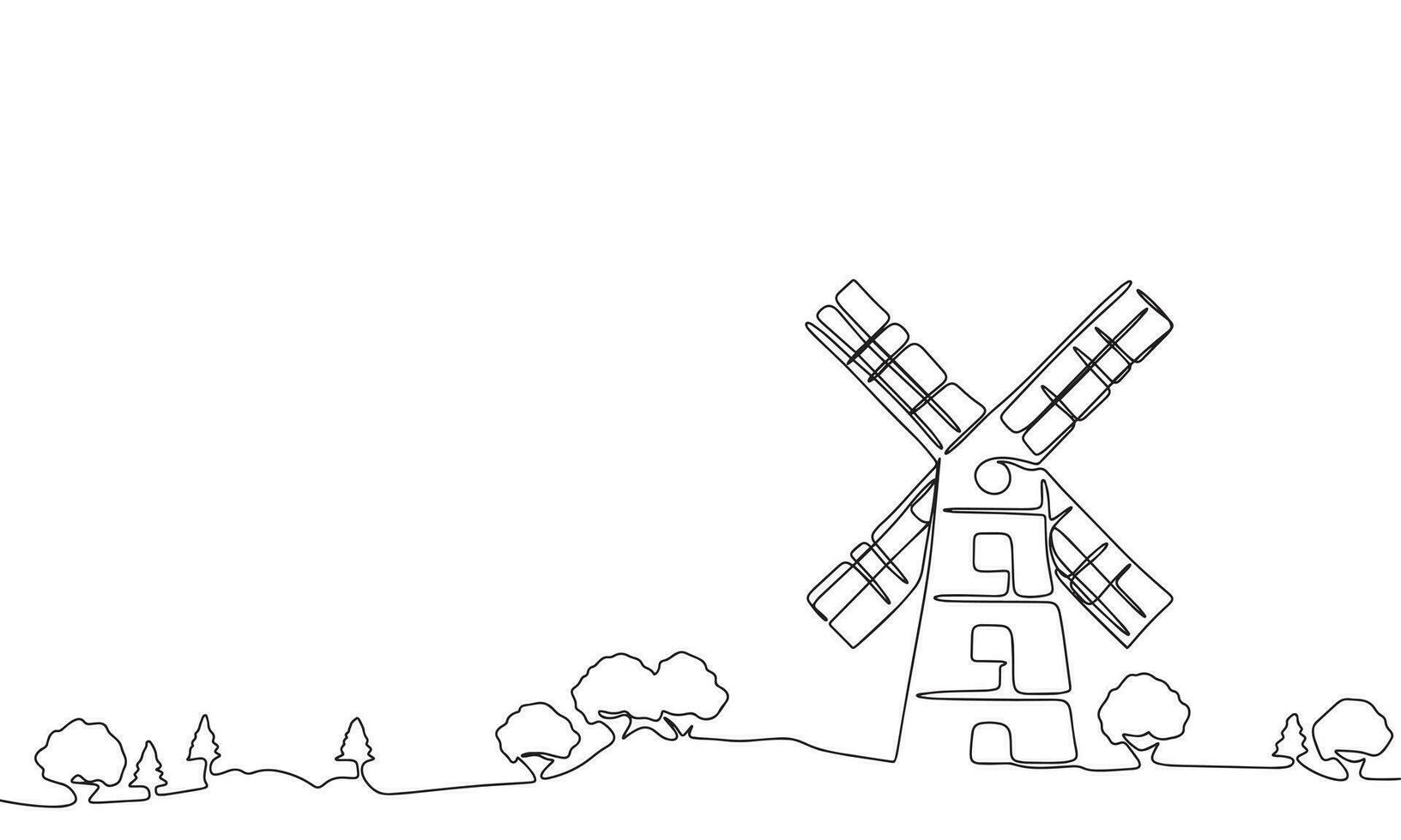 silhouette de rétro moulin. un ligne continu concept bannière avec paysage avec moulin. contour, ligne art, vecteur illustration.