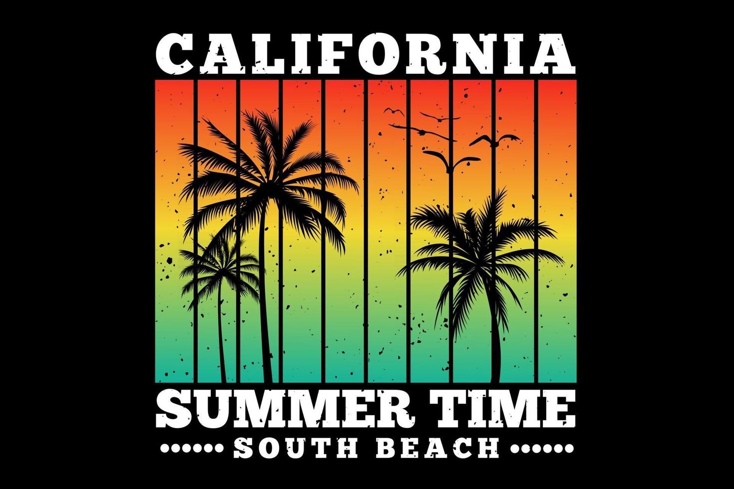 t-shirt californie heure d'été plage sud coucher de soleil couleur rétro style vintage vecteur