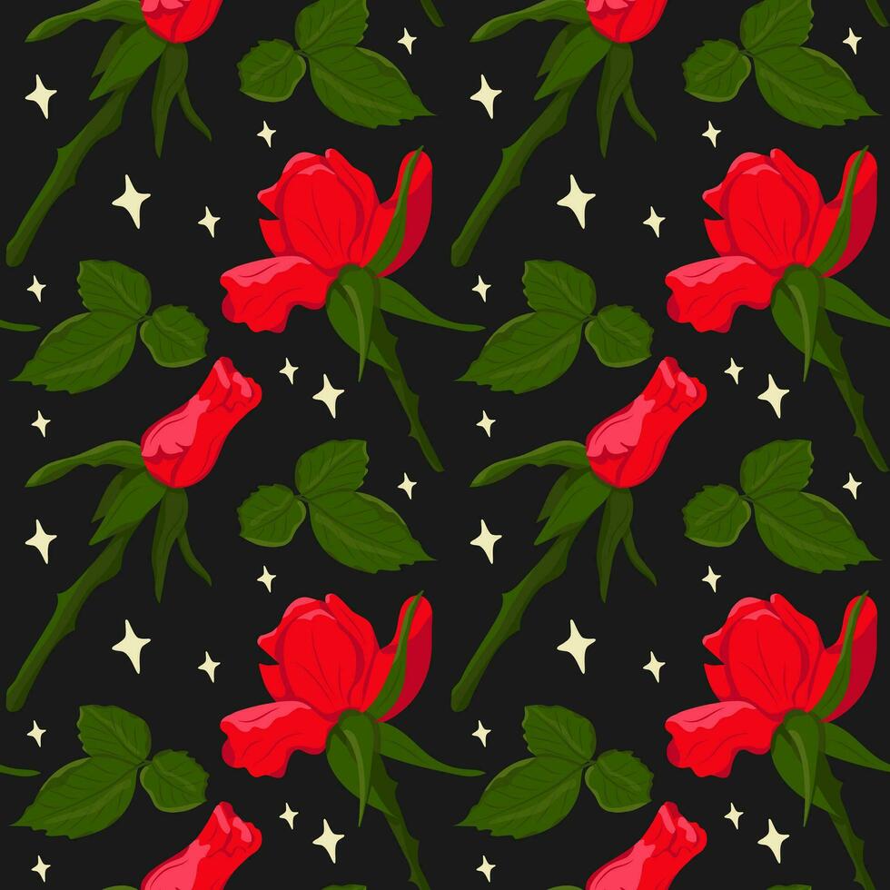 vecteur plat rouge des roses sans couture modèle avec lumières. foncé thème. parfait pour emballage papier, arrière-plan, fond d'écran, textile, bannière, scrapbooking, bannière