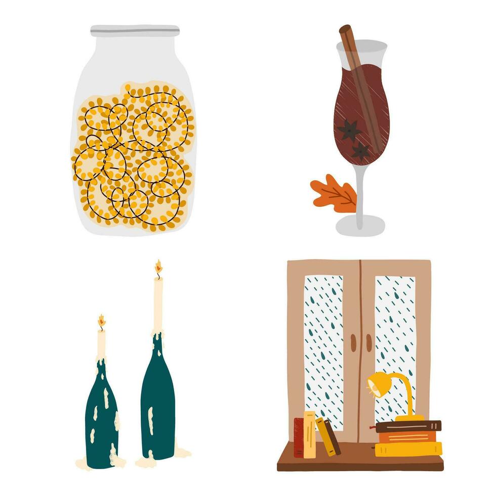 ensemble de confortable l'automne symboles. bougies dans une chandelier de une bouteille, fenêtre avec pluie, livres, lampe sur rebord de fenêtre, pot avec une guirlande, Réchauffé du vin avec cannelle et clous de girofle. hygge main tiré illustration. vecteur