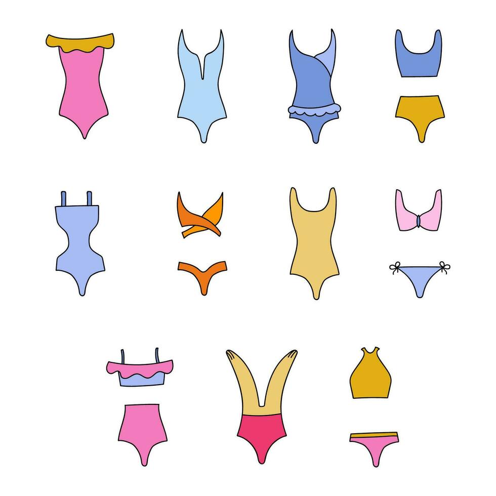 mignonne clipart vecteur été maillot de bain pour femmes et les filles pour nager dans le piscine, mer, océan. vecteur illustration isolé sur le Contexte