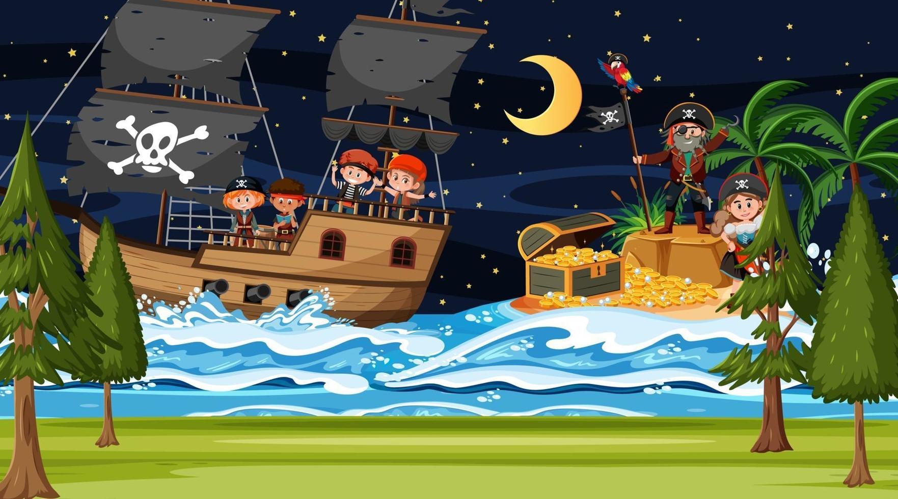 Scène d & # 39; île au trésor la nuit avec des enfants pirates sur le navire vecteur