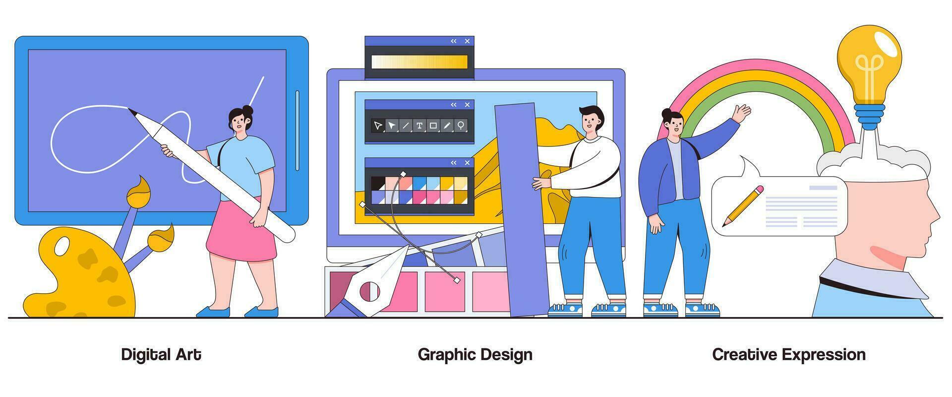 numérique art, graphique conception, Créatif expression concept avec personnage. visuel la créativité abstrait vecteur illustration ensemble. inspiration, artistique exploration, numérique chefs-d'œuvre métaphore