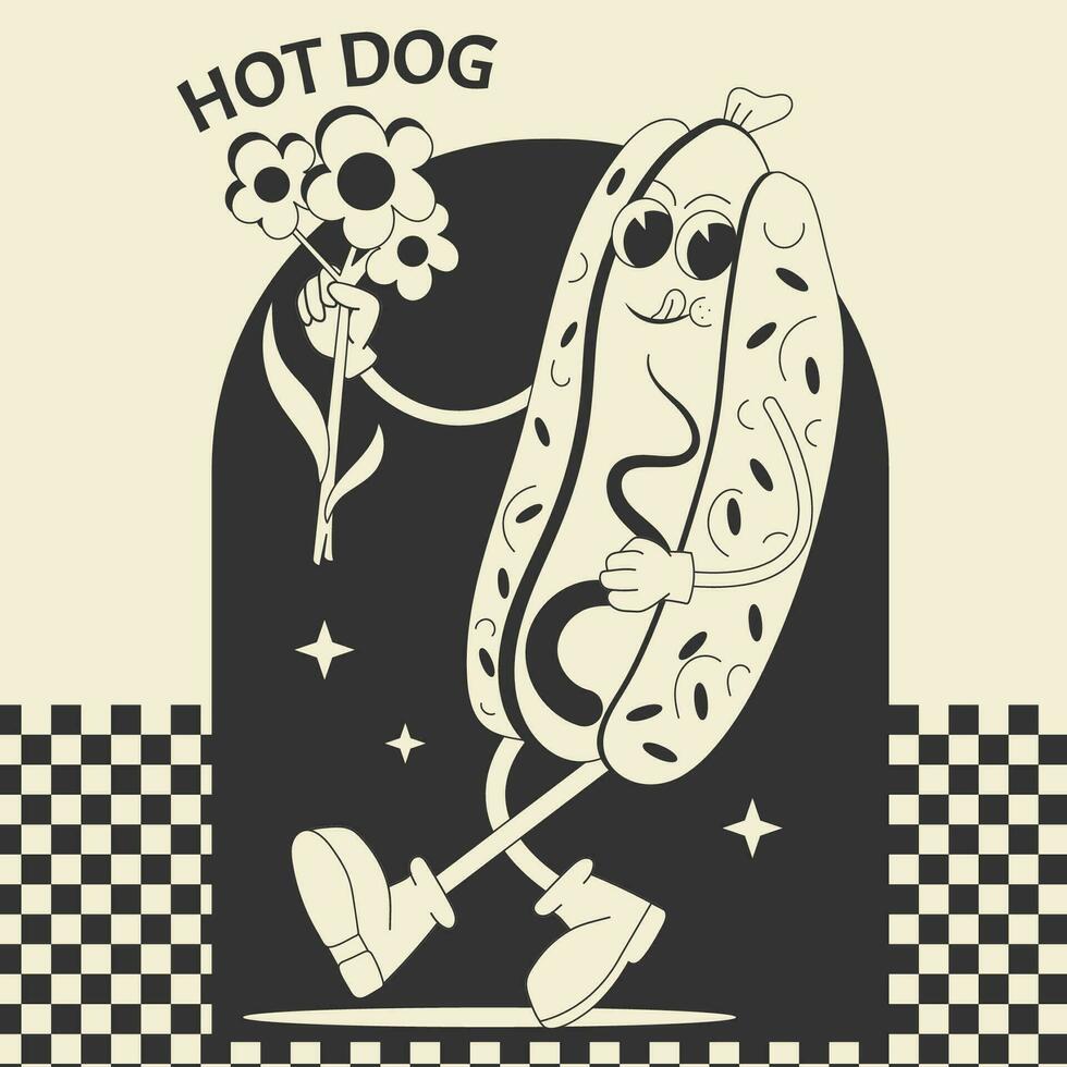 sensationnel mignonne chaud chien avec fleur dessin animé style. rétro voler avec saucisse personnage et sensationnel Contexte. vecteur