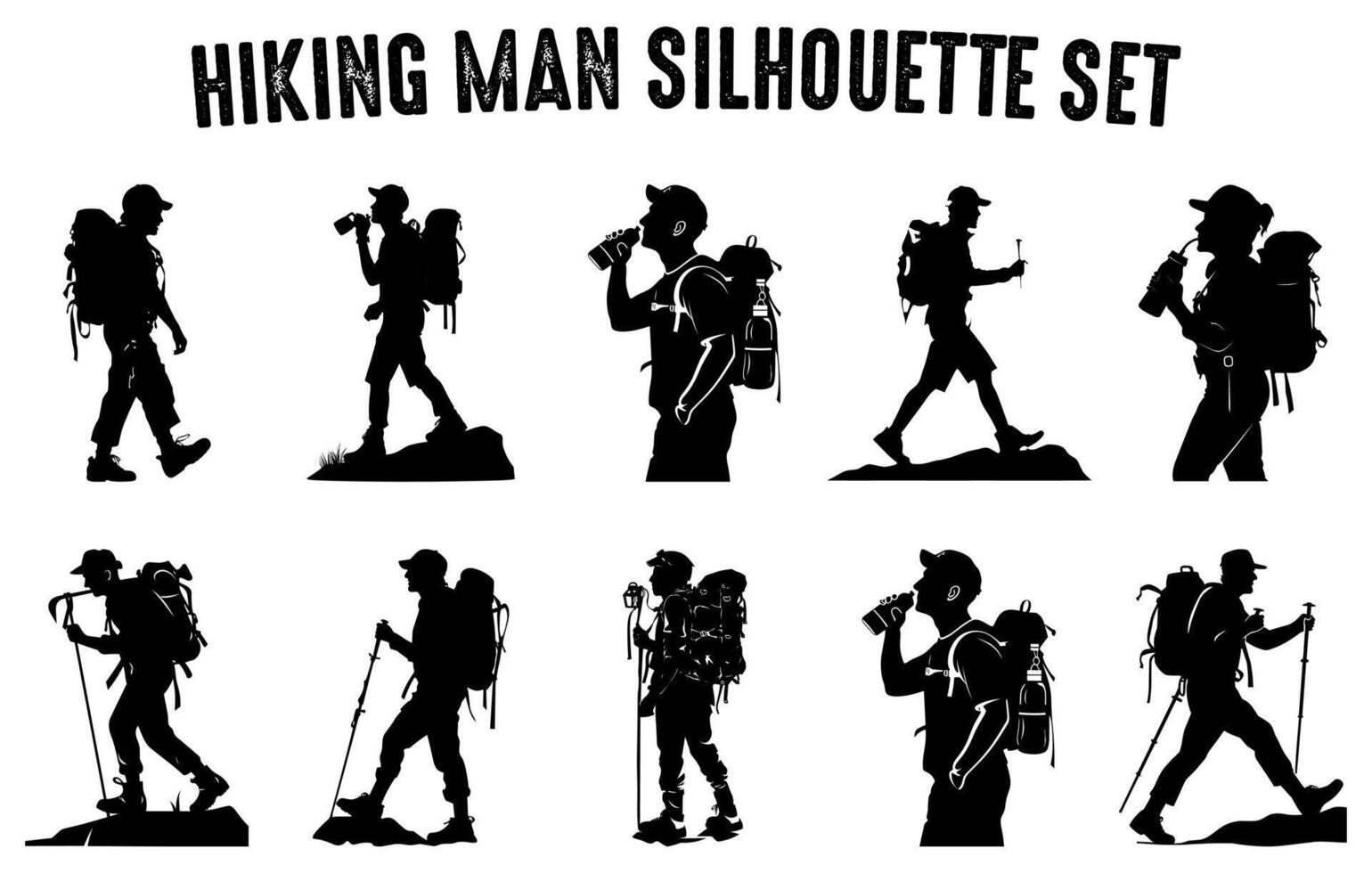 randonnée homme vecteur silhouette ensemble gratuit, promeneur silhouettes, silhouettes de promeneur avec une sac à dos