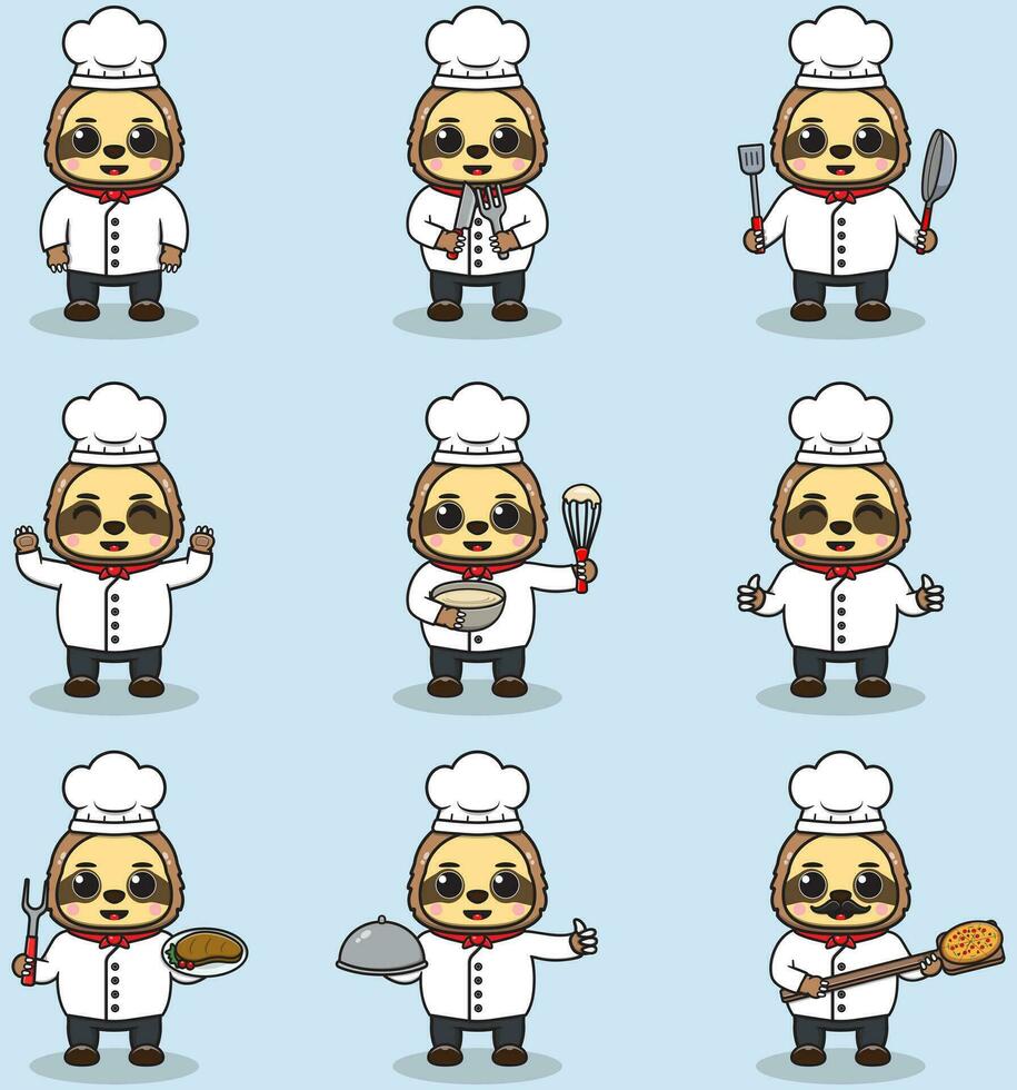 vecteur illustration de mignonne la paresse portant chef uniforme. plat dessin animé style. ensemble de mignonne animal personnages dans chef uniforme. vecteur illustration dans isolé Contexte