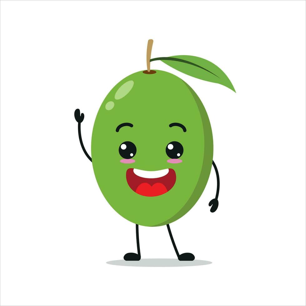 mignonne content olive personnage. souriant et saluer olive dessin animé émoticône dans plat style. fruit emoji vecteur illustration