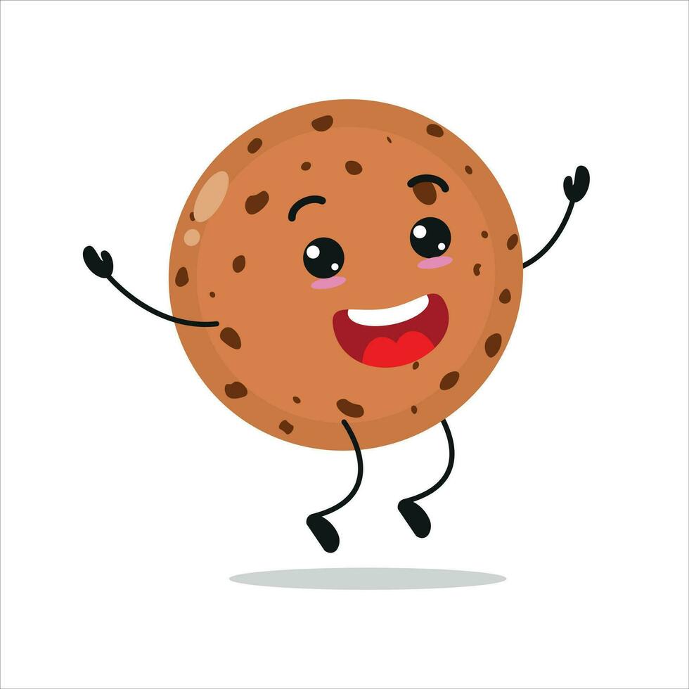 mignonne content biscuit personnage. marrant sauter biscuit dessin animé émoticône dans plat style. boulangerie emoji vecteur illustration