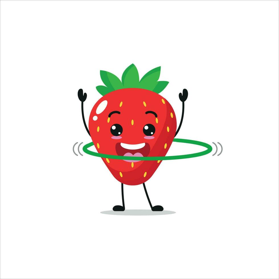 mignonne et marrant fraise Faire hula cerceau. fruit Faire aptitude ou des sports des exercices. content personnage travail en dehors vecteur illustration.