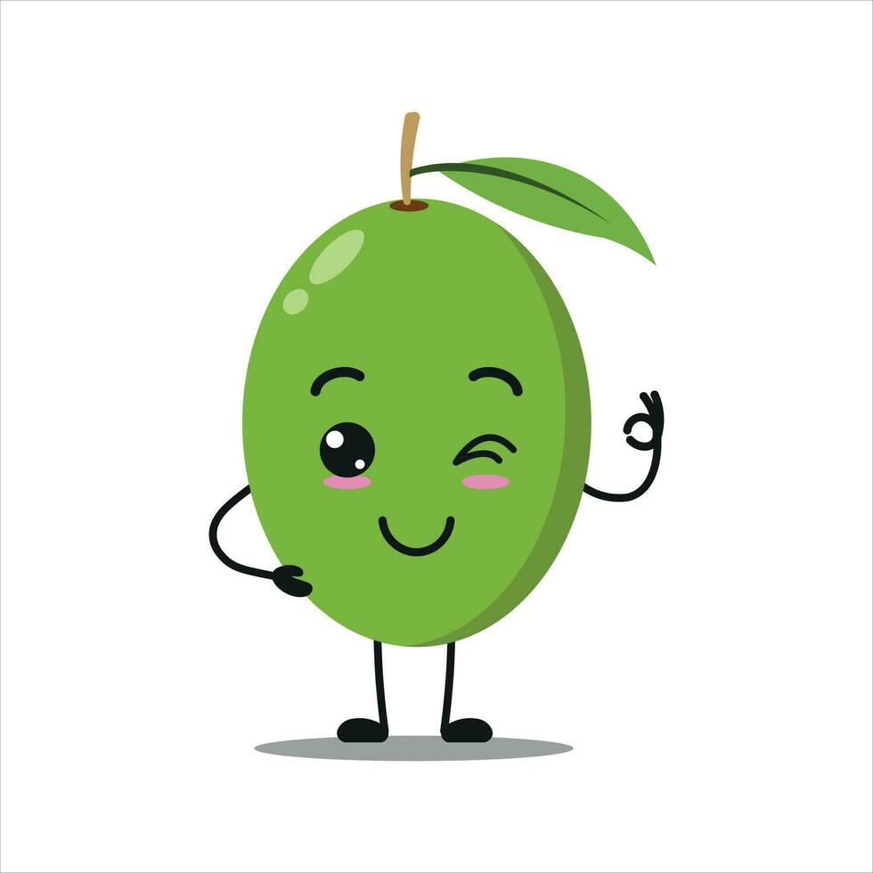 mignonne content olive personnage. marrant souriant et cligner olive dessin animé émoticône dans plat style. fruit emoji vecteur illustration