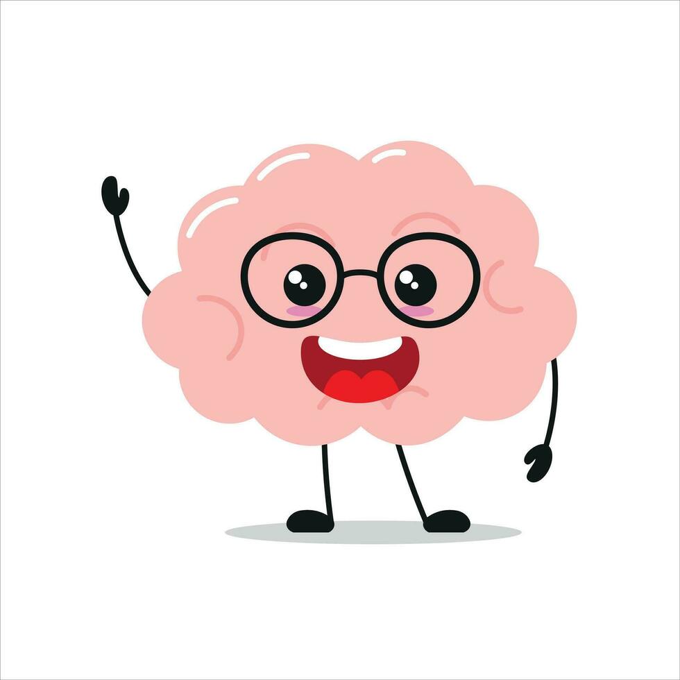 mignonne content cerveau personnage. souriant et saluer cerveau dessin animé émoticône dans plat style. encéphale emoji vecteur illustration