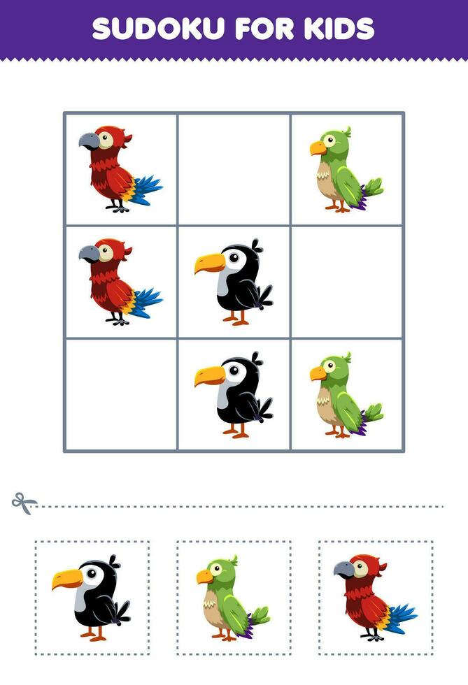 éducation Jeu pour les enfants facile sudoku pour des gamins avec mignonne dessin animé toucan perruche perroquet imprimable animal feuille de travail vecteur