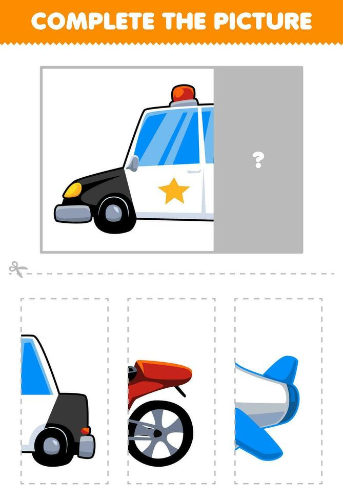 éducation Jeu pour les enfants Couper et Achevée le correct image de mignonne dessin animé police voiture imprimable transport feuille de travail vecteur