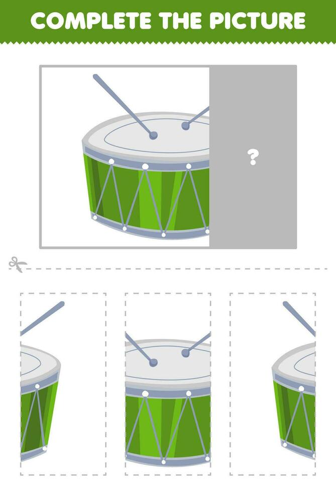 éducation Jeu pour les enfants Couper et Achevée le correct image de mignonne dessin animé tambour imprimable la musique instrument feuille de travail vecteur