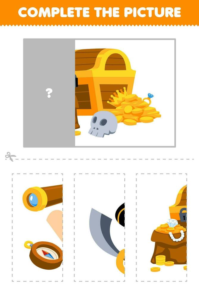 éducation Jeu pour les enfants Couper et Achevée le correct image de mignonne dessin animé Trésor poitrine imprimable pirate feuille de travail vecteur