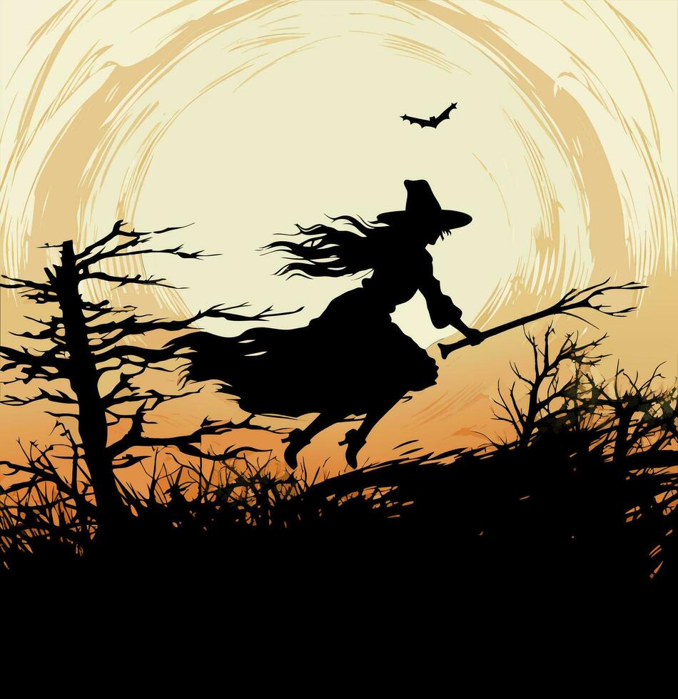 vecteur magnifique sorcière. en volant sorcière avec balai. noir sorcière silhoutte vecteur illustration sur Jaune lune Contexte.